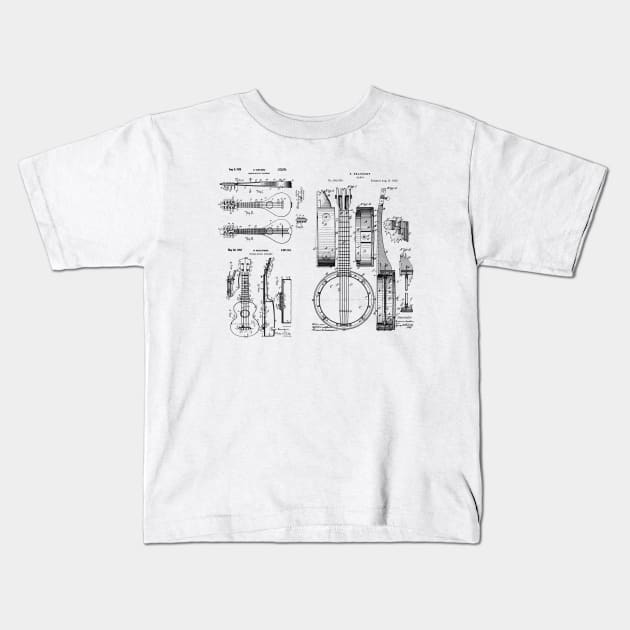 Banjo, Mandolin, Ukulele Patent Blueprints Kids T-Shirt by MadebyDesign